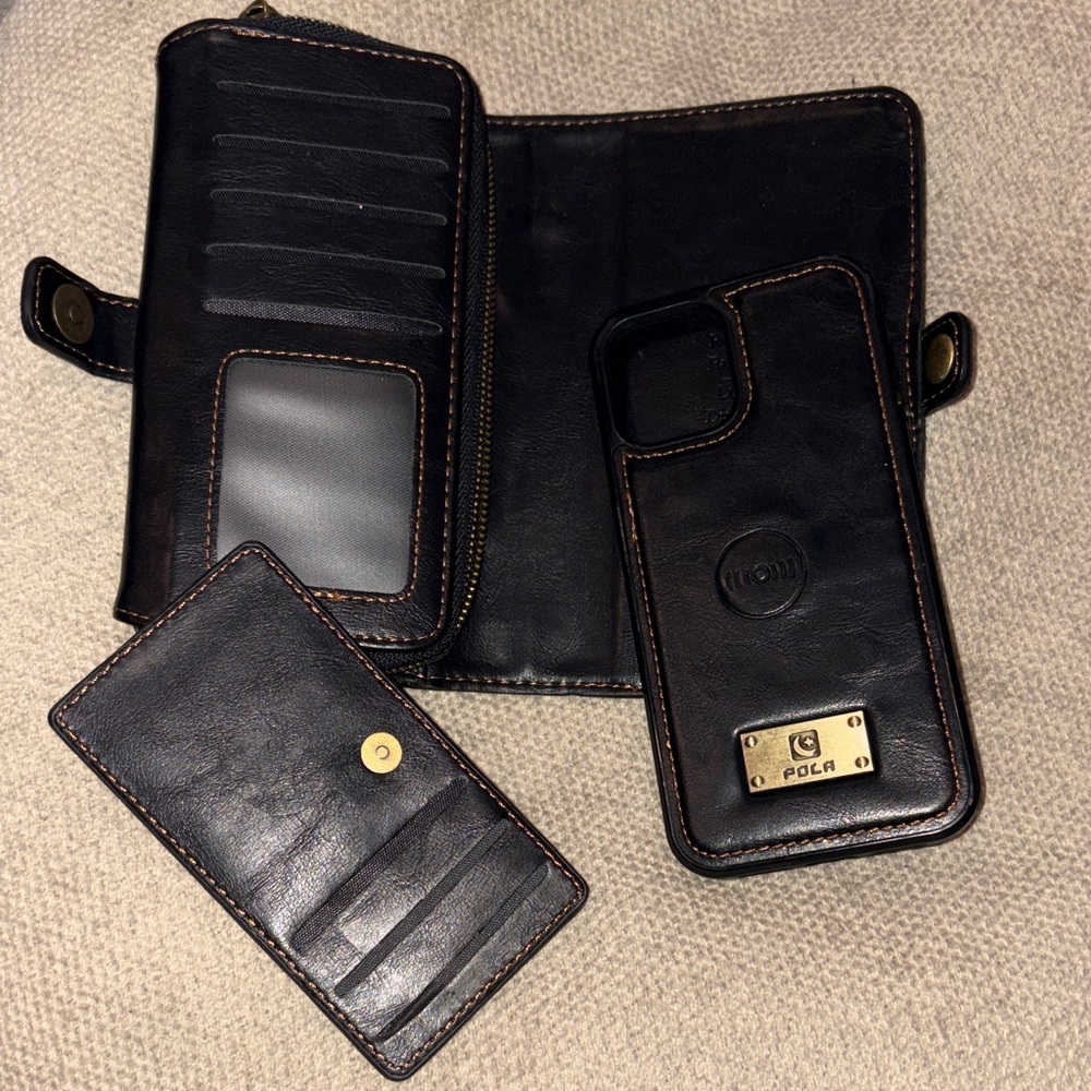 Nolen Black Leather Wallet and iPhone 14 Case Set.